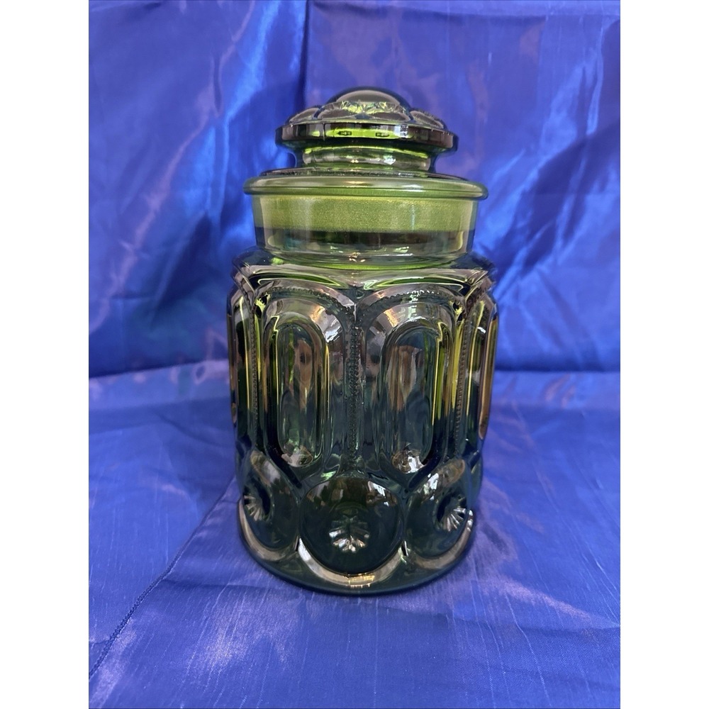 Vtg MCM L.E. Smith Moon and Stars Green Canister Apothecary Jar  9.5" tall